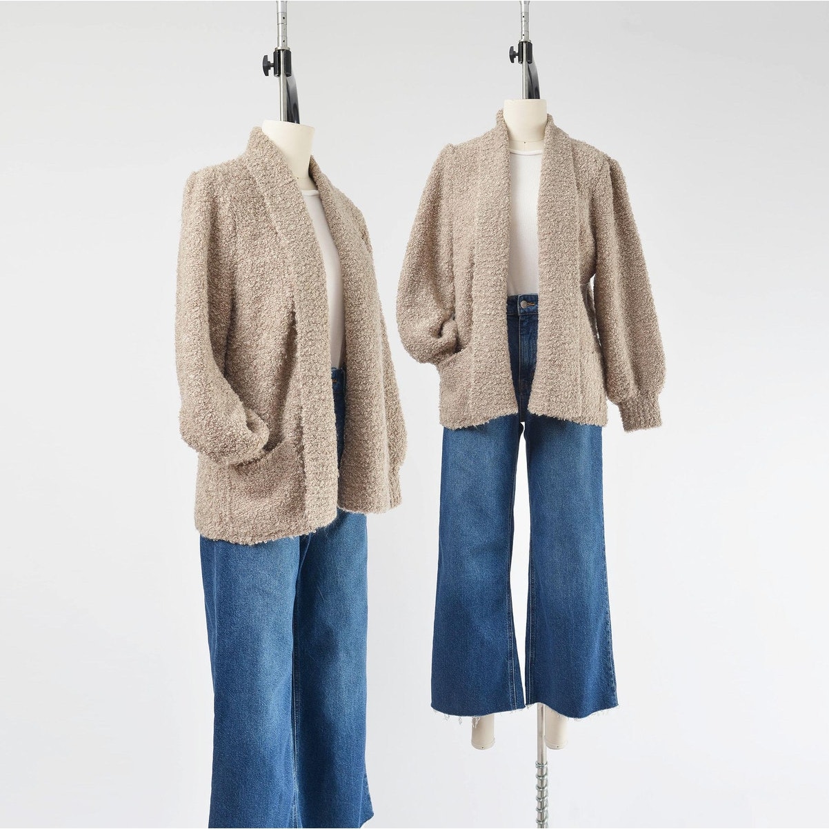 Vintage 80s Beige Boucle Wool Blend Cardigan Sweater Jacket Size S M